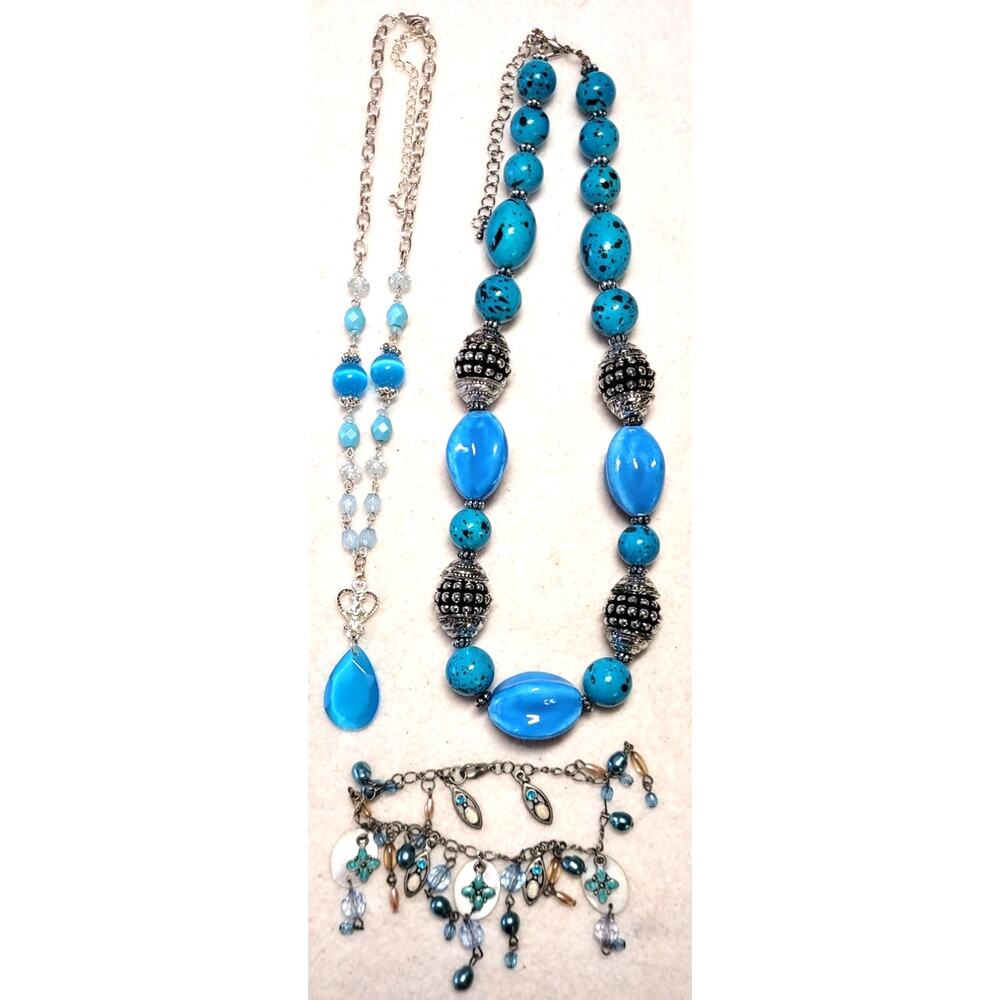 Vtg Turquoise Blue Jewelry Lot 2 Necklaces 1 Bracelet Ceramic Glass Moonstone